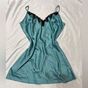 Victoria's Secret Teal Satin slip dress with Black Lace